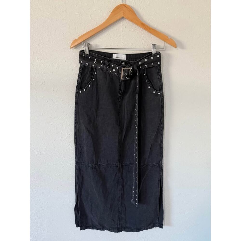 Current / Elliott Long Distressed Black Denim Studded Skirt Size 27